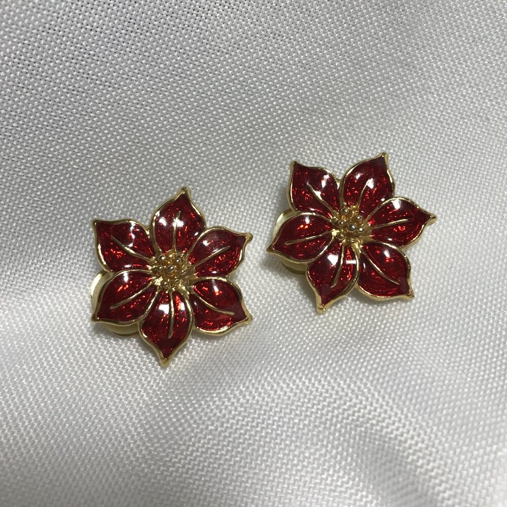 Red Enameled Poinsettia Clip On Earrings